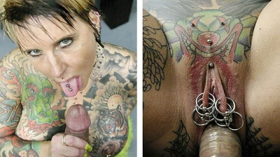 Heavily Tattooed and Pierced Biker Chick Black Widow Sucks and Fucks